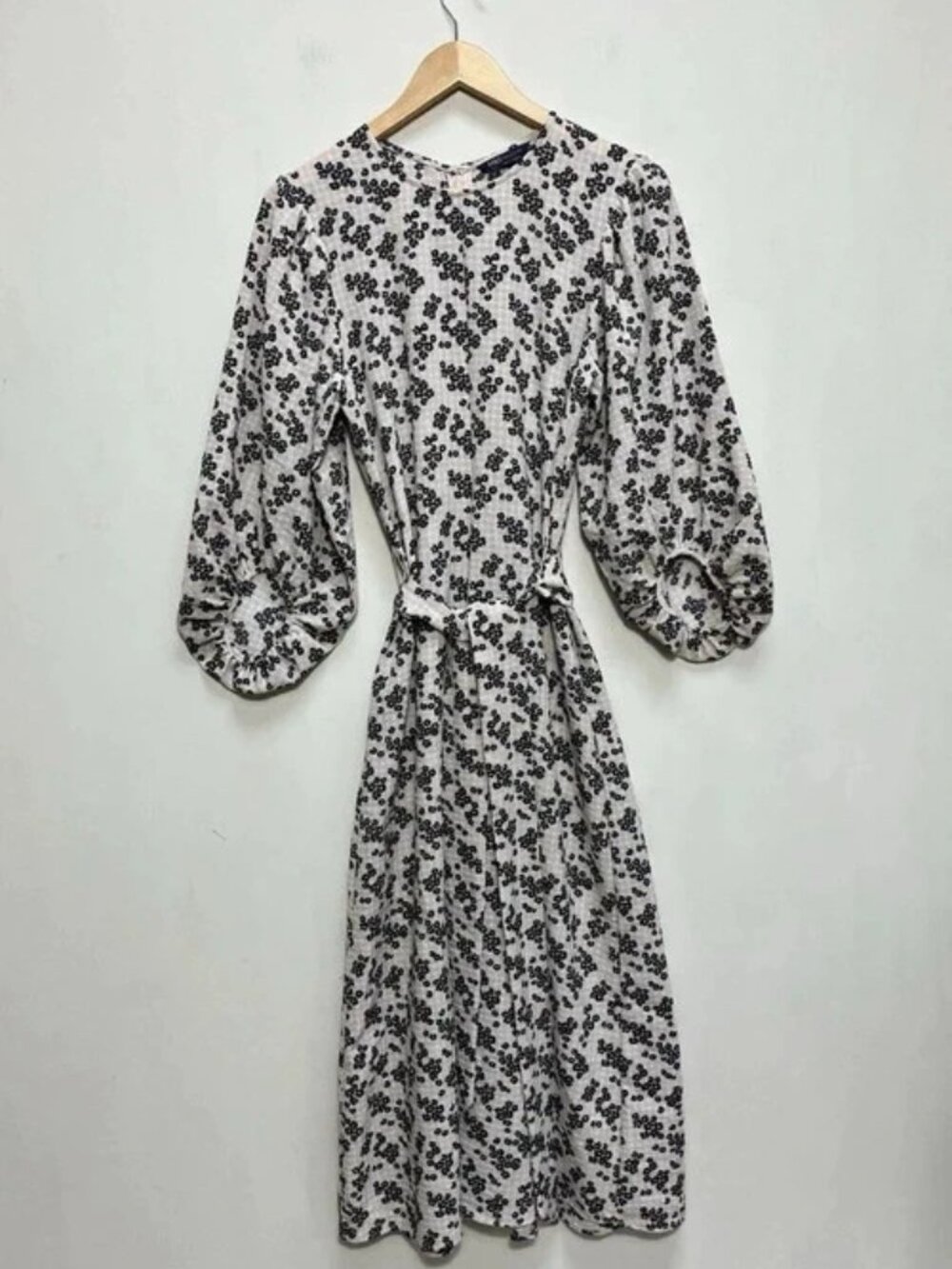 Women’s M&S Midi Dress Size 10 Beige Black Floral Puff Sleeve Belted Prairie